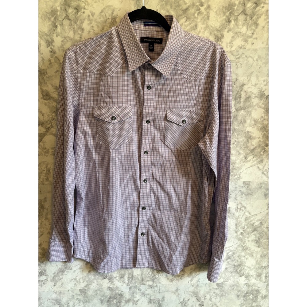 Banana Republic Men's M Purple Plaid Snap Front Shirt‎ Long Sleeve